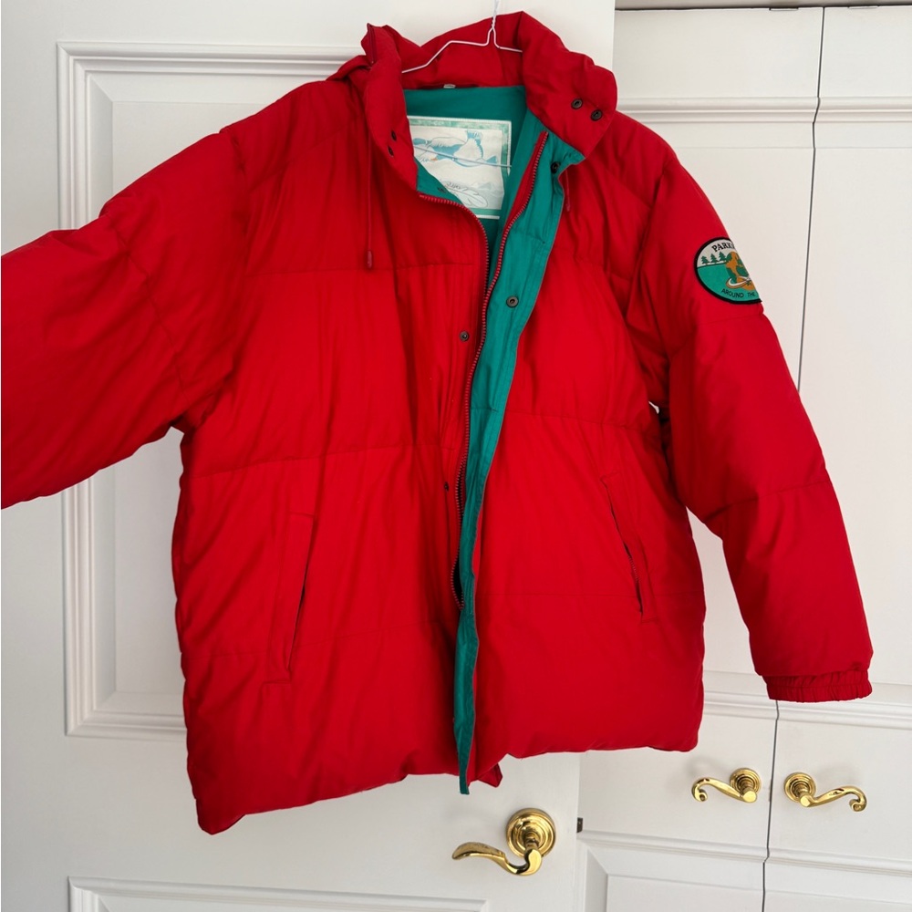 Men's Red and Green Puffer Jacket